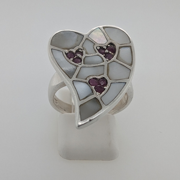 Sterling Silver Heart Shaped Cocktail Ring w/ Mother of Pearl & Ruby Stones